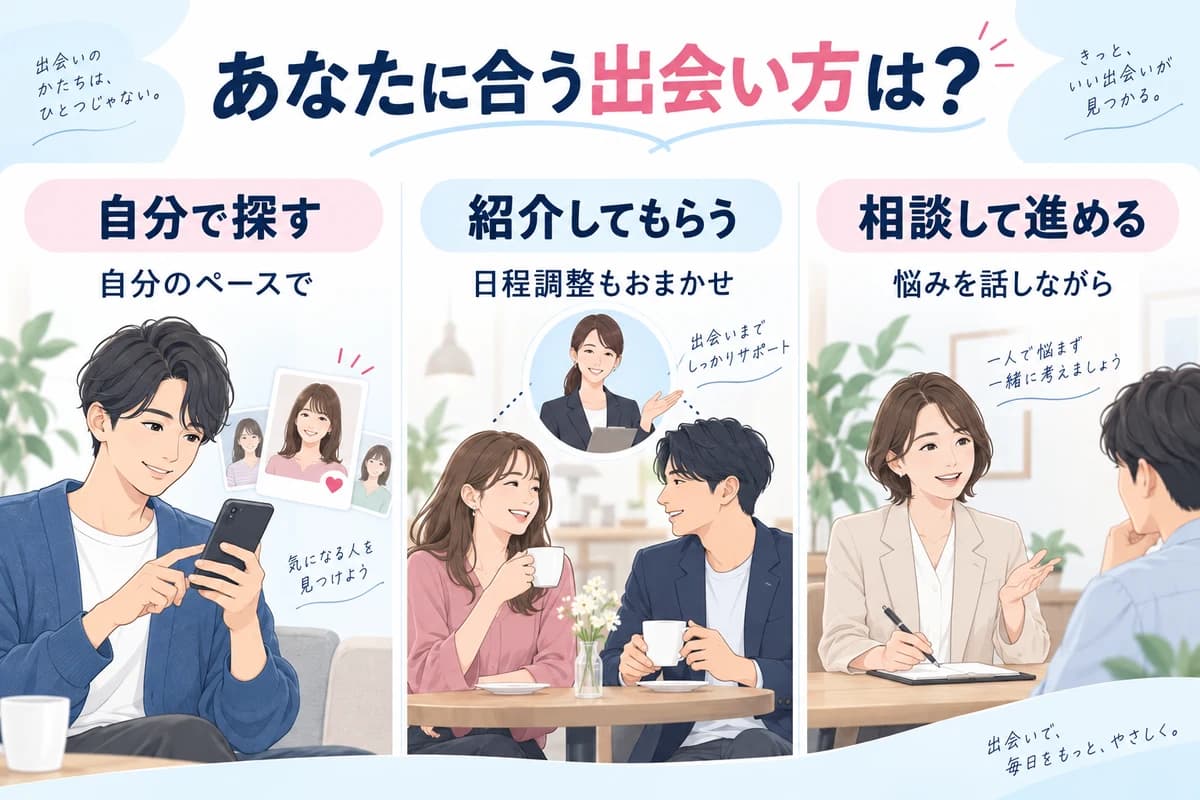 出会い方を比較:自分で探すアプリ、紹介を受けるサービス、相談しながら進める結婚相談所